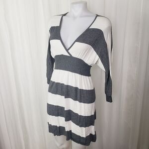 Express stripe gray white sweater dress surplice neck elbow length sleeve Small